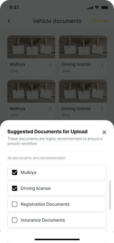 Auto eCare mobile E-Locker suggested documents checklist