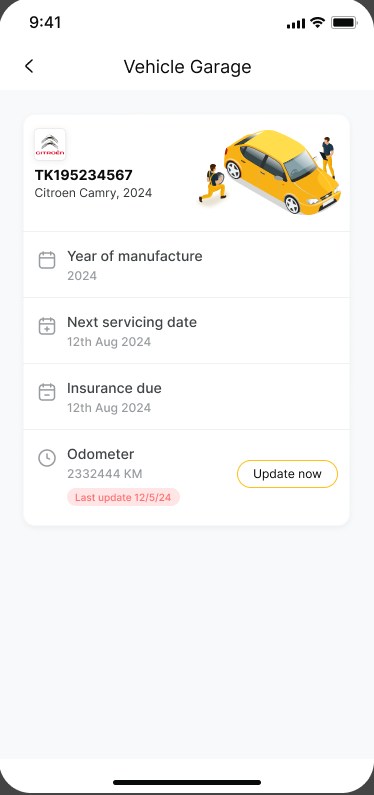 Auto eCare mobile vehicle garage — service dates and odometer tracking