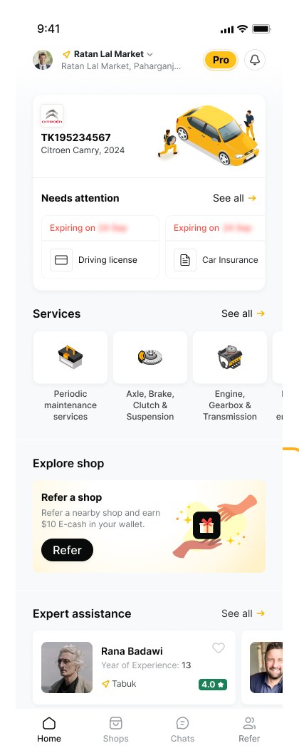 Auto eCare mobile home dashboard — vehicle card, needs attention alerts, services, expert assistance