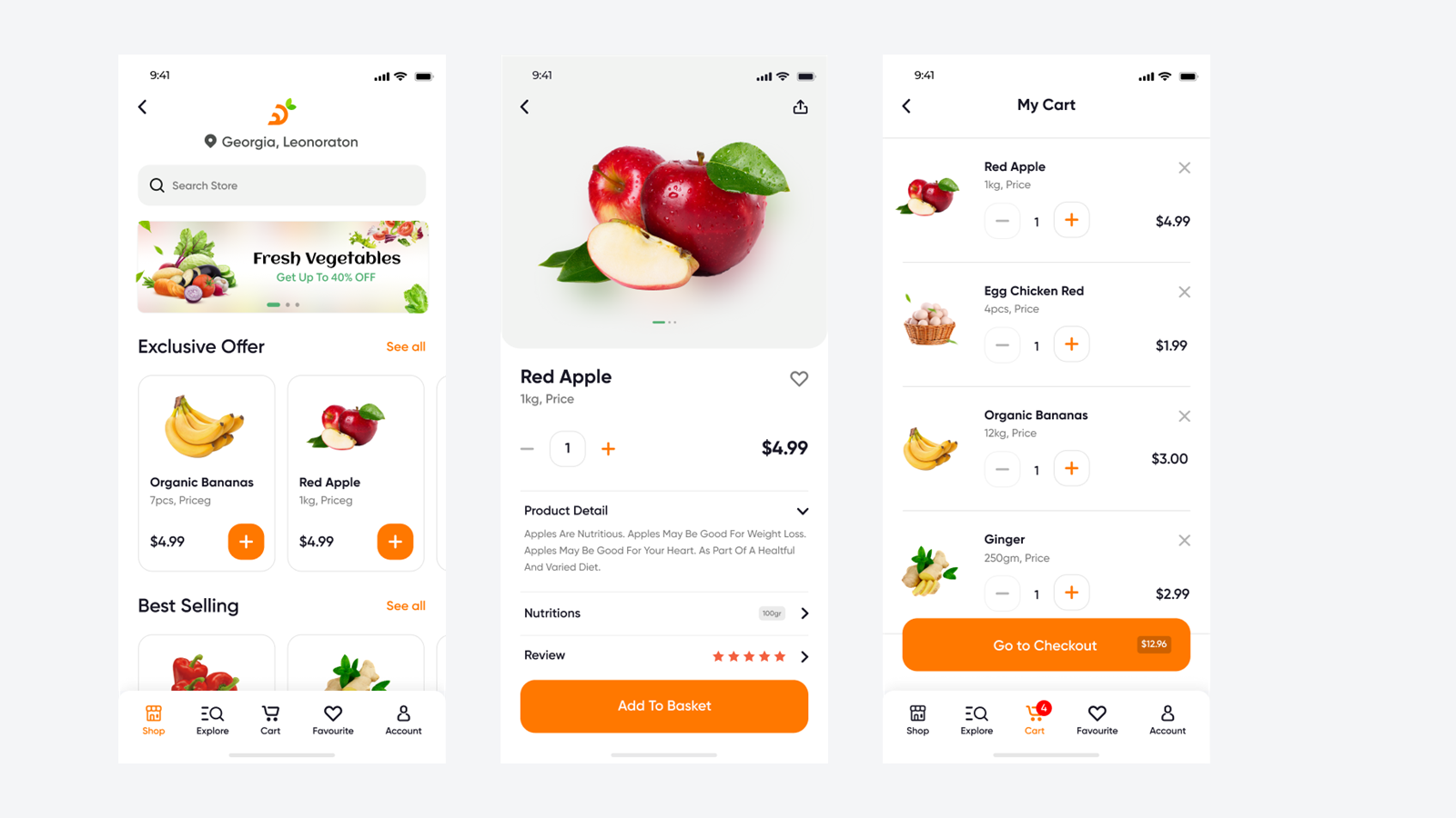 Daily Delivery app — home, product detail, and cart screens