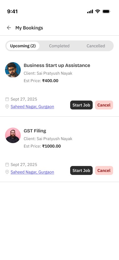 HomeLink SP mobile bookings list with Start Job and Cancel actions