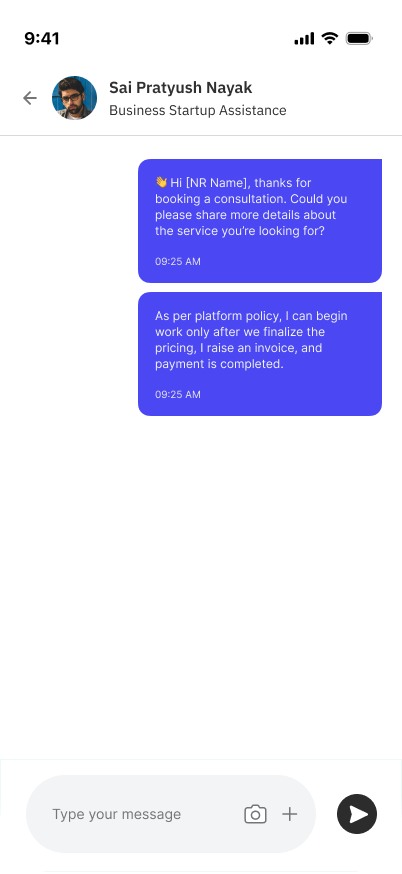 HomeLink SP mobile chat with pre-filled opening message and payment policy