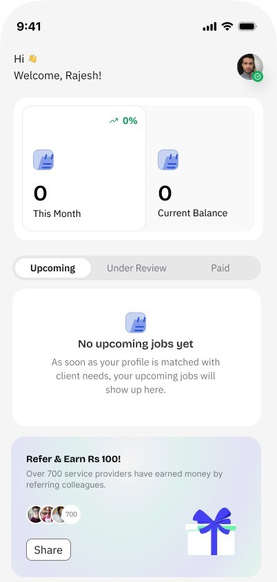 HomeLink SP mobile dashboard — earnings, job status tabs, verification badge