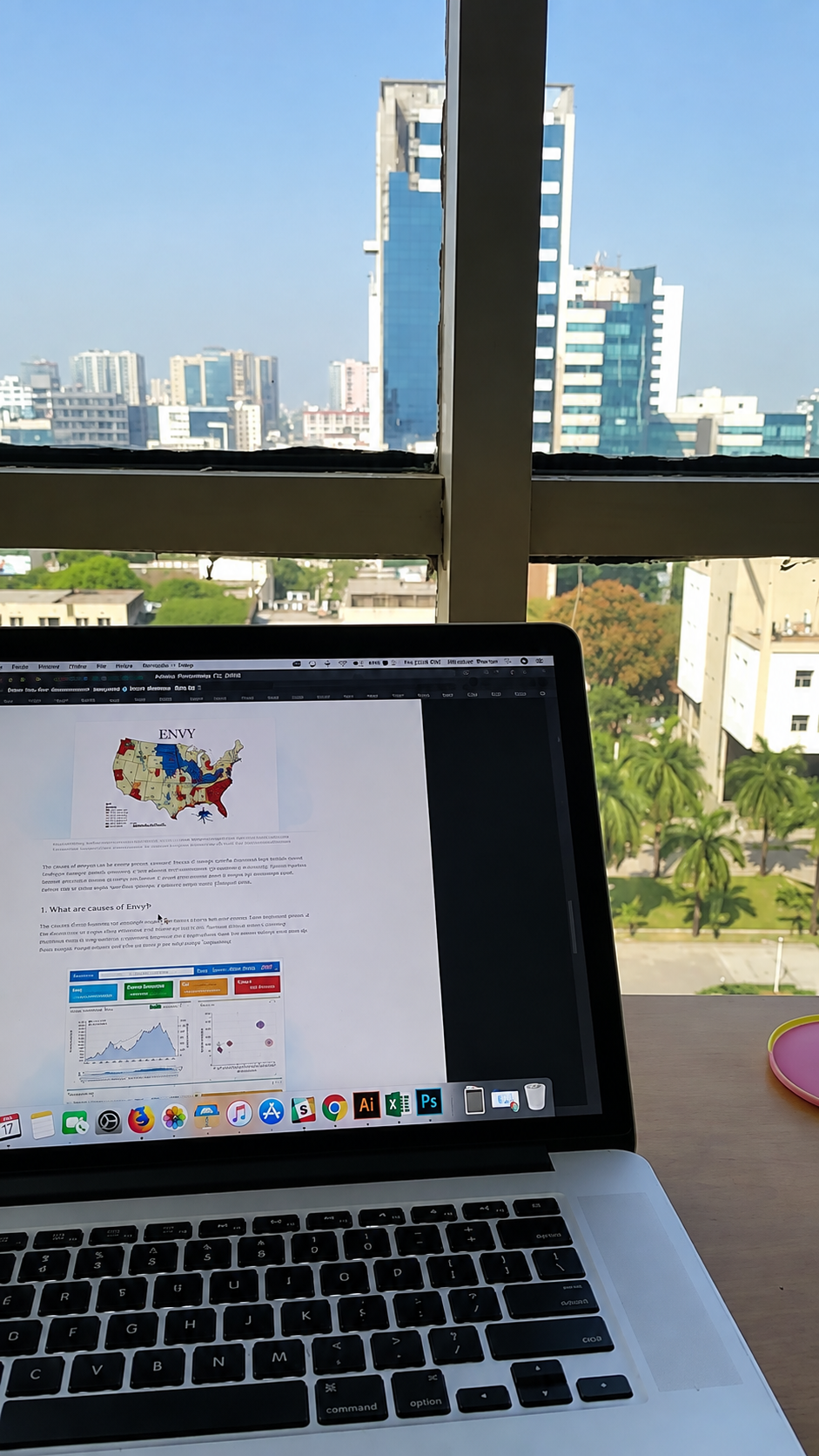 Laptop open to a document and dashboard mockup, with a city skyline visible through the window