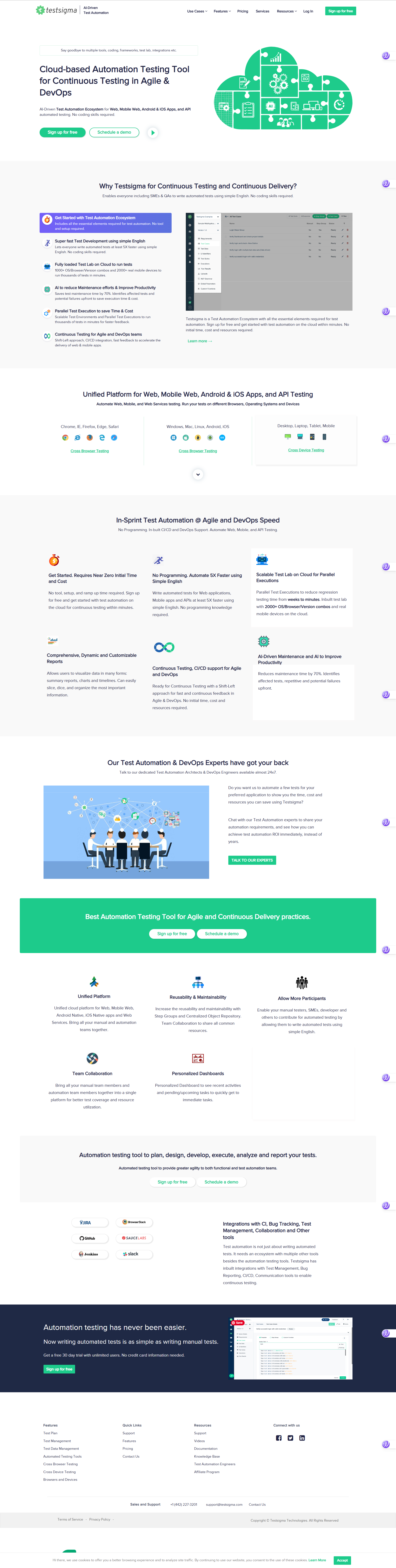 Testsigma homepage — before — header and hero